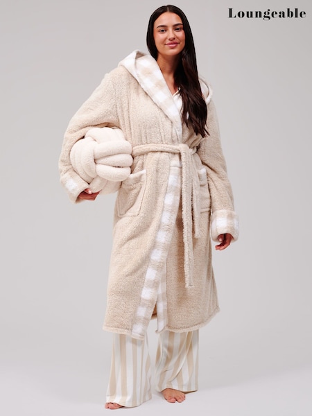 Cream - Loungeable Gingham Trim Luxury Fleece Midi Hooded Dressing Gown