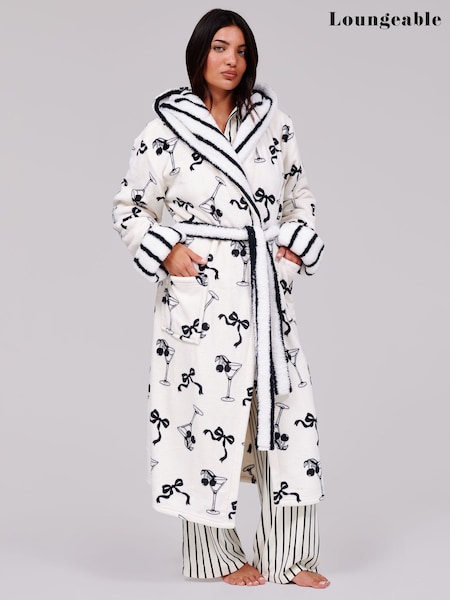 White - Loungeable Martini Bow Luxury Fleece Midi Hooded Dressing Gown
