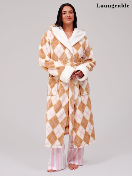 Cream - Loungeable Argyle Cosy Borg Fleece Hooded Dressing Gown