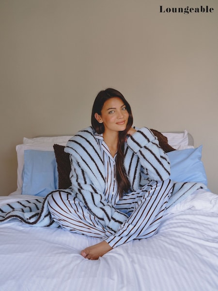 Blue - Loungeable Pinstripe Cosy Borg Fleece Midi Hooded Dressing Gown