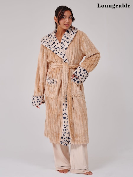 Brown - Loungeable Leopard Faux Fur Trim Luxury Ridge Fleece Midi Hooded Dressing Gown