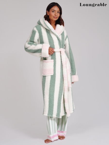 Verde - Loungeable Roupão midi com capuz em fleece macio e aconchegante com listras contrastantes de lã Borg.