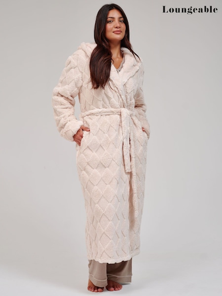 Cream - Loungeable Diamond Luxury Plush Fleece Maxi Hooded Dressing Gown