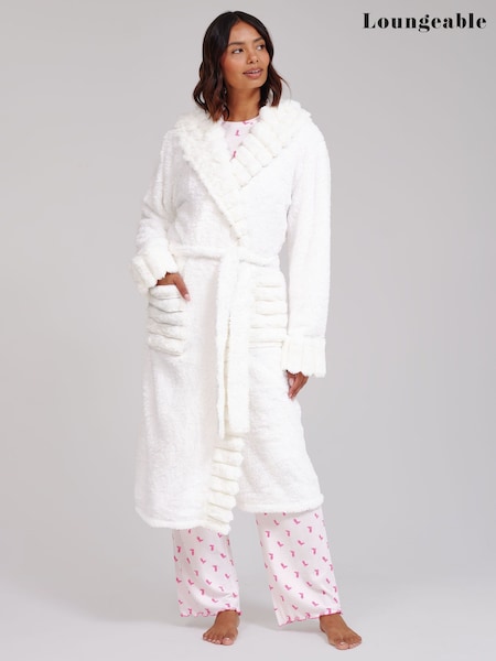 White - Loungeable Faux Fur Trim Luxury Fleece Midi Hooded Dressing Gown