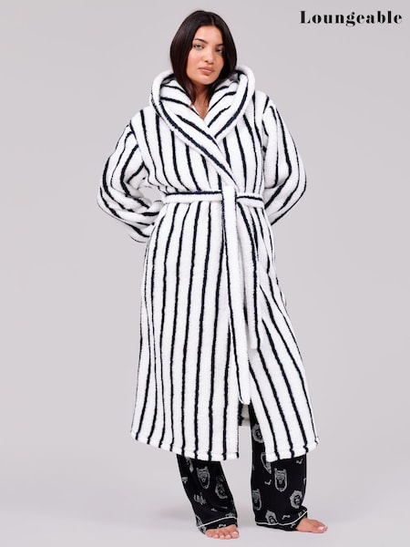 White - Loungeable Pinstripe Cosy Borg Fleece Midi Hooded Dressing Gown