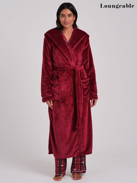 Red - Loungeable Ribbon Trim Luxury Fleece Hooded Maxi Robe
