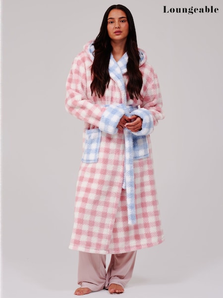 Pink - Loungeable Gingham Contrast Cosy Borg Fleece Midi Hooded Dressing Gown