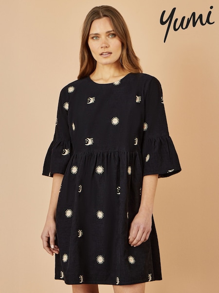 Black - Yumi Cosmic Embroidered Cord Tunic Dress