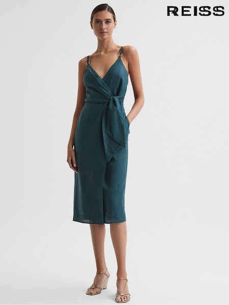 Reiss Dark Teal Elsie Linen Side Tie Midi Dress (793692) | kr3 168