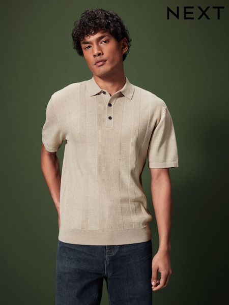 Neutral Regular Fit 100% Cotton Knitted Textured Stripe Polo Shirt (794171) | €14