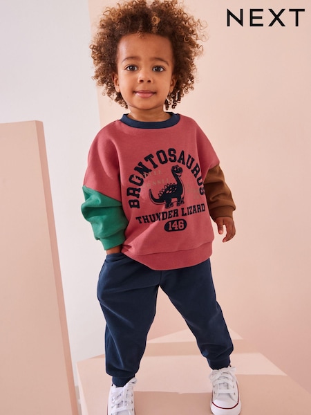 Red/Blue Dinosaur Printed Colourblock Sweatshirt and Joggers Set (3mths-7yrs) (794396) | AED60 - AED74