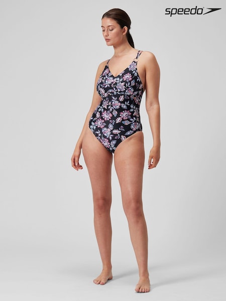 Speedo Black Printed Womens Shaping Strappy 1 Piece Swimsuit (794519) | €44