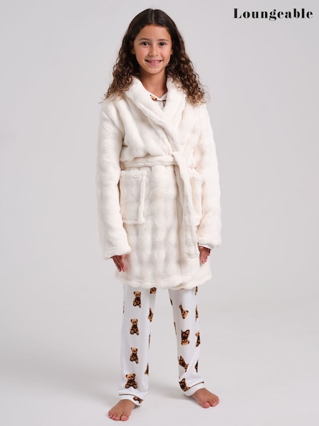Cream - Loungeable Luxury Bubble Fleece Midi Shawl Dressing Gown