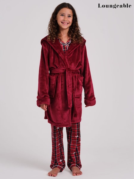 Red - Loungeable Ribbon Trim Luxury Fleece Midi Hooded Dressing Gown