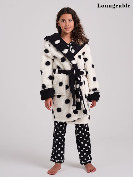 White - Loungeable Polka Dot Contrast Cosy Borg Fleece Midi Hooded Dressing Gown