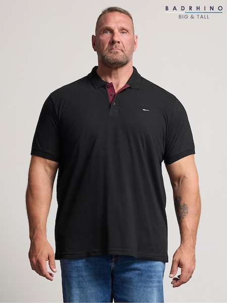 أسود - Regular Badrhino Big & Tall Contrast Placket Polo Shirt