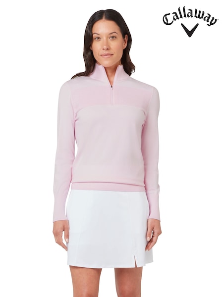 rožnata - Callaway Apparel Pink 1/4 Zip Pullover Sweater With Ribbed Detailing