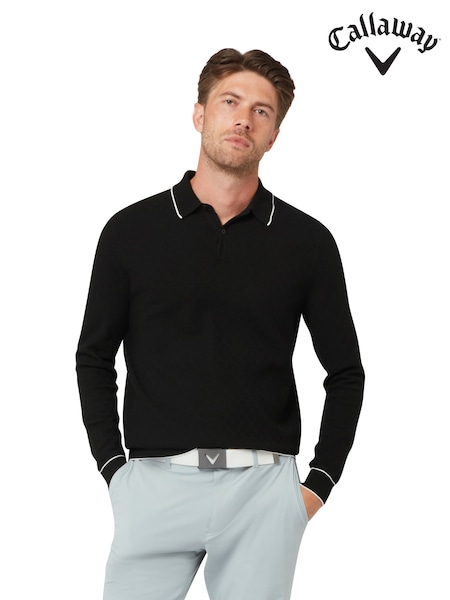 Svart - Regular Callaway Apparel Long Sleeve Textured Black Polo Sweat Top