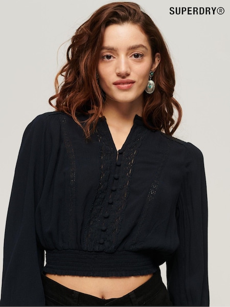 Superdry Blue 100% Cotton Long Sleeves Lace Trim Smocked Blouse (795952) | kr806