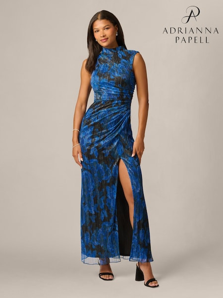 Blue - Adrianna Papell Metallic Crinkle Draped Gown