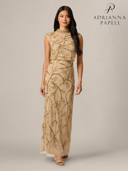 Gold - Adrianna Papell Mock Neck Beaded Long Dress