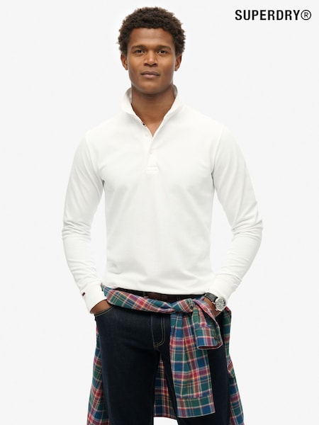 Superdry White 100% Cotton Long Sleeve Pique Polo Shirt (796576) | €34