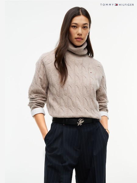 Brown - Tommy Hilfiger Pure Wool Cable Roll Neck Jumper