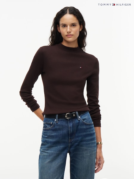 Brown - Tommy Hilfiger Slim Mock Neck Long Sleeve T-shirt