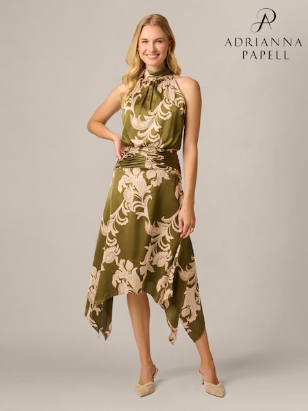 أخضر - Adrianna Papell Satin Print Midi Dress