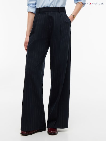 Blue - Tommy Hilfiger Pleated Twill Wide Leg Trousers