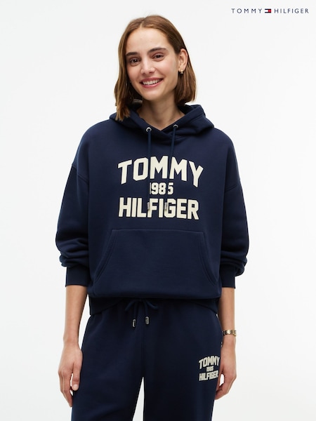 Blue - Tommy Hilfiger Flock Varsity Logo Relaxed Fleece Hoodie