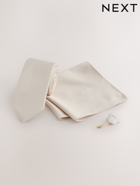 Ivory White - Regular Tie Pocket Square And Pin Set
