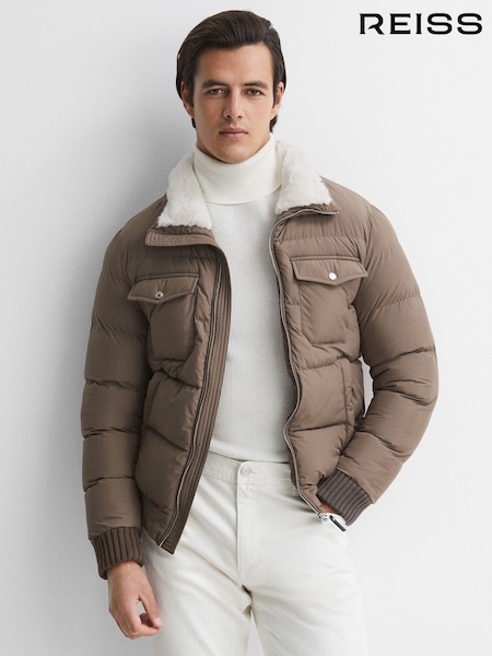 Reiss Mushroom Brown Mist Padded Faux Fur Coat (797040) | €499