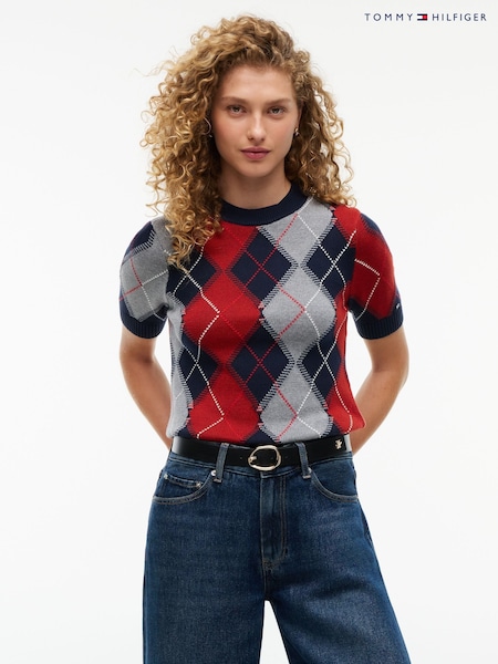 Blue - Tommy Hilfiger Argyle Short Sleeve Jumper