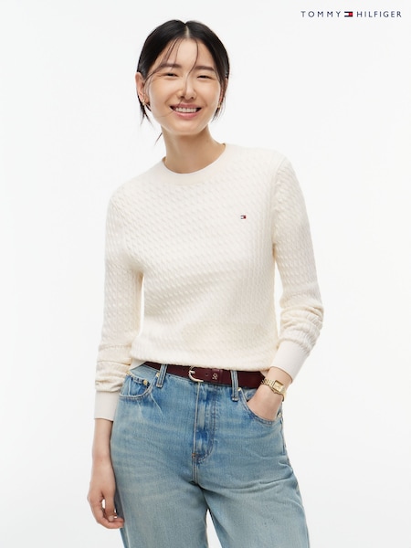 Crema - Tommy Hilfiger Fine Cable Knit Crew Neck Jumper
