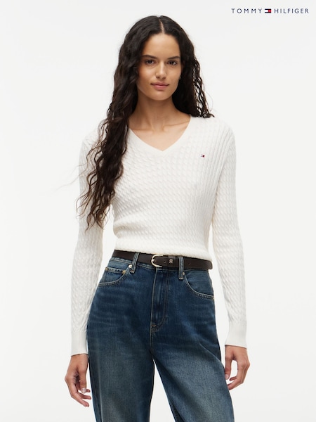Cream - Tommy Hilfiger Fine Gauge Cable Knit V-neck Jumper