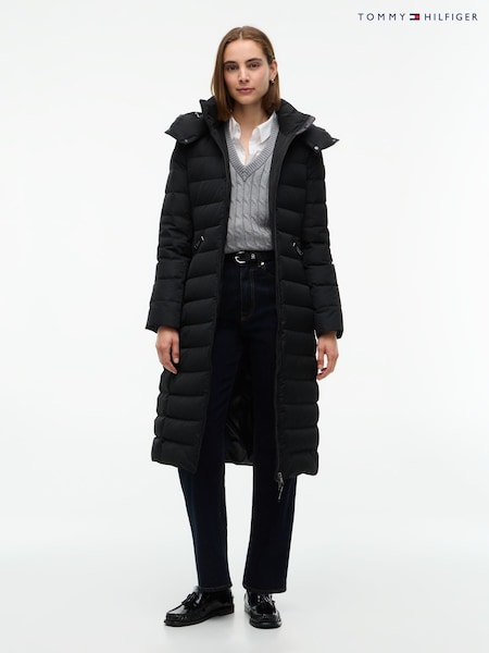Black - Tommy Hilfiger Slim Down Hooded Longline Coat