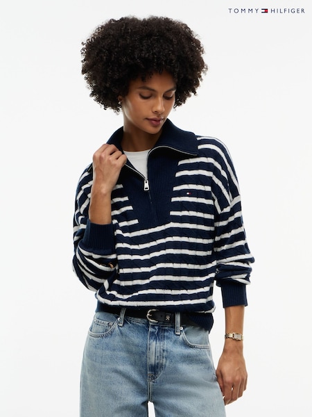 Azul - Tommy Hilfiger Pure Wool Cable Knit Quarter-zip Jumper