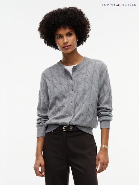 Gris - Tommy Hilfiger Pure Wool Cable Knit Slim Cardigan