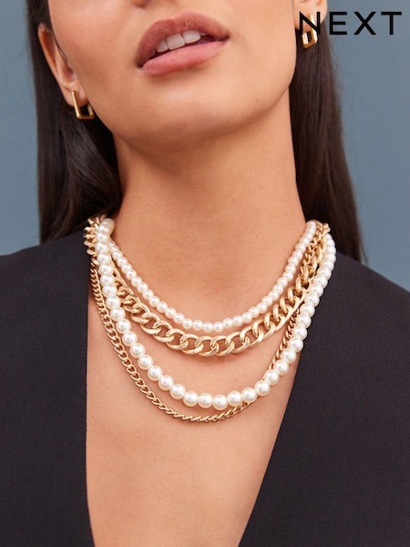 Gold Tone Pearl Chain Multi Layer Necklace (797793) | €10