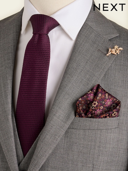 Burgundy Red - Regular Tie Pocket Square And Pin Set