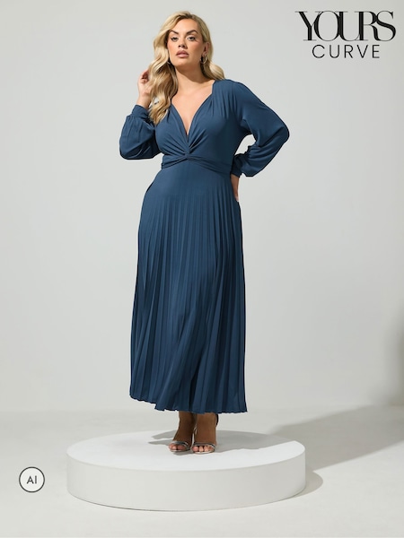Blue - Yours Curve Pleated Knot Long Sleeve Maxi Dress