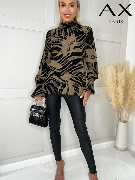AX Paris Shirred Neck Black and Khaki Print Top (798892) | 13 €