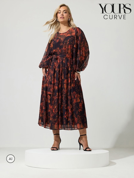 Red - Yours Curve Blurred Floral Pleated Dress