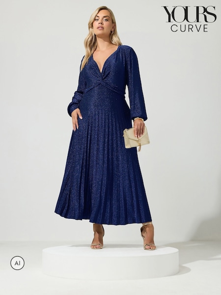 Blue - Yours Curve London Metallic Pleated Knot Dress