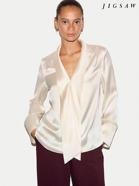 乳白色 - Jigsaw Satin Drape Neckline Blouse