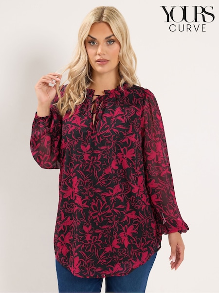 Red - Yours Curve Frill Neck Floral Print Blouse