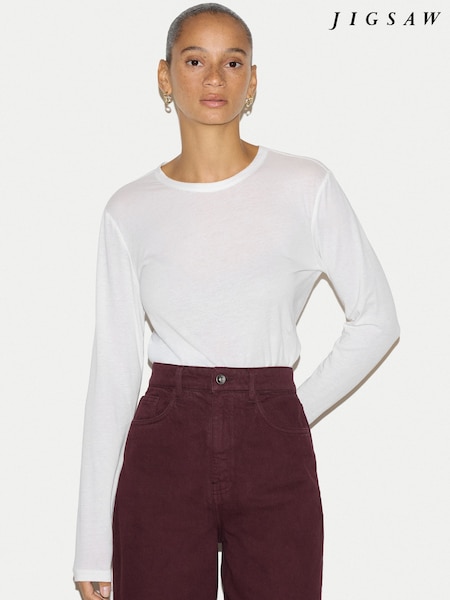 White - Jigsaw Cotton Crew Neck Long Sleeve T-shirt