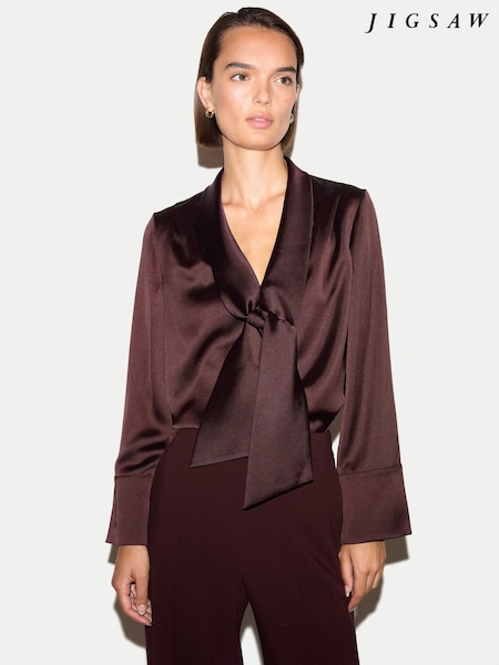 Roșu - Jigsaw Satin Drape Neckline Blouse