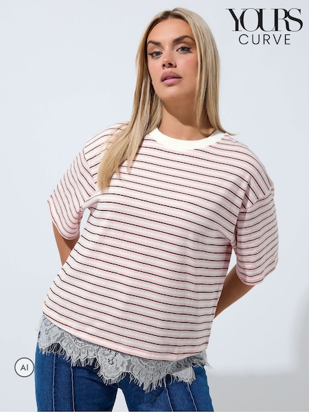 Pink - Yours Curve Limited Stripe Lace Hem T-shirt